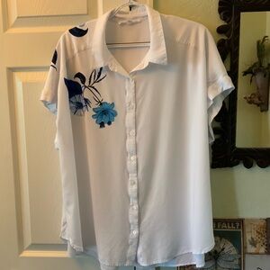 White Button-Up Shirt with Blue Floral Embroidery